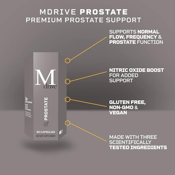 Mdrive Prostate Prostate Support Supplement for Men's Health, Promotes Urinary Tract Health, Supports Normal Flow, Frequency & Bladder Emptying, Flowens Cranberry Extract, S7 N.O. Booster, 60 Capsules