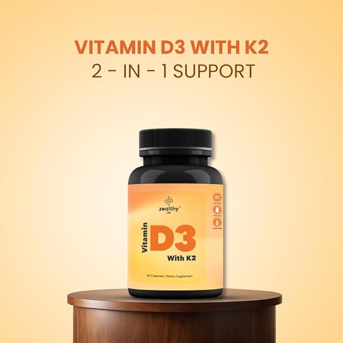 Vitamin D3 + K2 - High Potency Bone & Heart Health Formula* - 60 Easy-to-Swallow Capsules | Zealthy Life - 60 Capsules