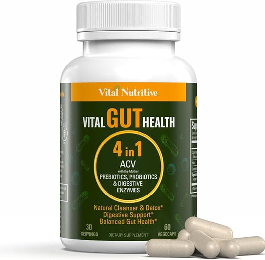 Vital Gut Health 4in1 Formula with Apple Cider Vinegar, Prebiotics & Probiotics, Digestive Enzymes for Strong Immunity Support and Complete Gut and Digestion Support
