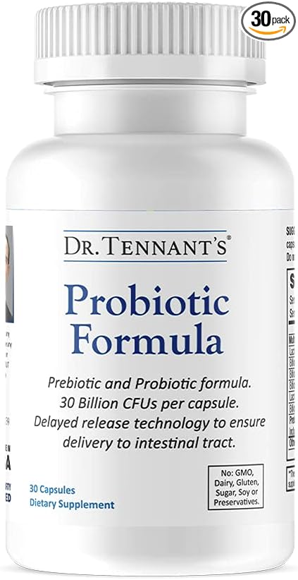 Dr. Tennant's Probiotic Formula with Prebiotics | 30 Billion CFUs | Time-Release, Acid-Resistant, Vegan Capsules | Gluten-Free, Dairy-Free, No Refrigeration Needed