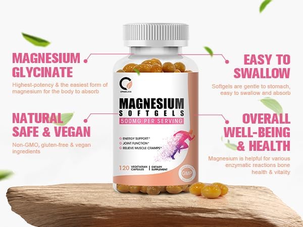 Magnesium Glycinate 500mg Capsules, High Absorption Pure Magnesium Glycinate Supplements Softgels for Men & Women, Support Energy, Muscle & Joint Function, Non-GMO, Vegan, 120 Count