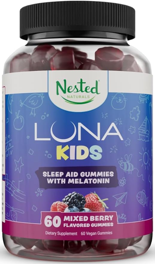 Nested Naturals Luna Kids Sleep Gummies - Non-Habit Forming Kids Melatonin Gummy with Valerian Root, Chamomile, and Lemon Balm - Children's Melatonin Sleep Aid - Mixed Berry, 60 Vegan Gummies