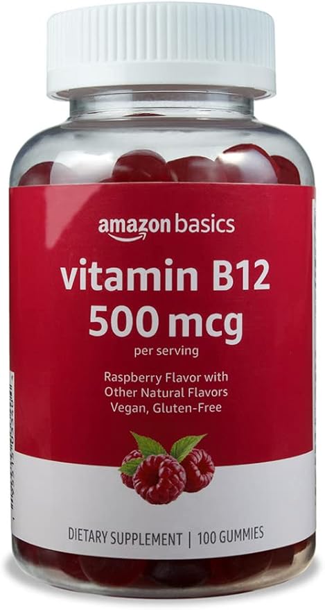 Amazon Basics Vitamin B12 500 mcg Gummies - Normal Energy Production and Metabolism, Immune System Support, Raspberry, 100 Count (2 per Serving) (Previously Solimo)