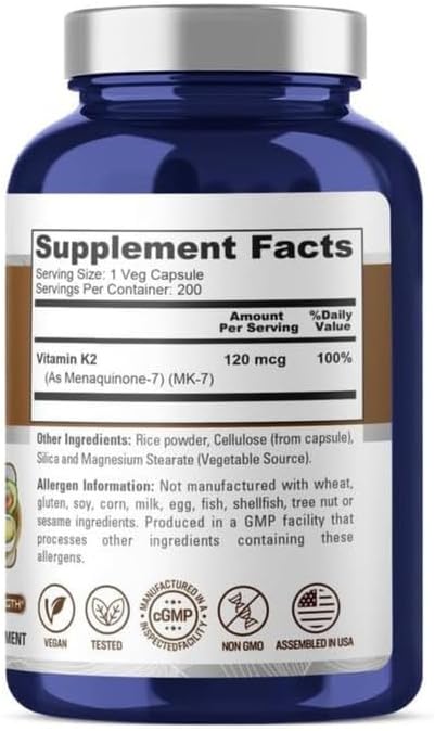 NusaPure Vitamin K2 MK7 120 mcg 200 Veggie Caps (Soy Free, Non-GMO, Vegan)