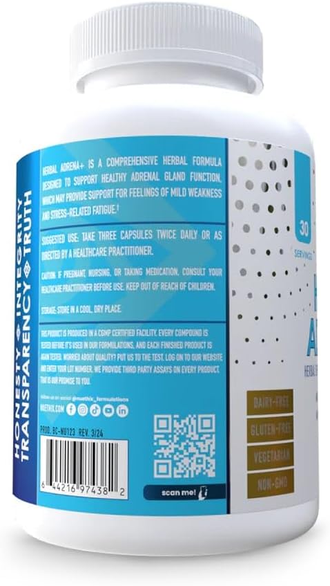 NuEthix Formulations Herbal Adrena+, Adrenal Support Supplements for Women & Men, Cortisol Support, Improve Energy Levels & Mood, Includes Cordyceps & Ashwagandha, Non-GMO, Gluten Free, 30 Servings