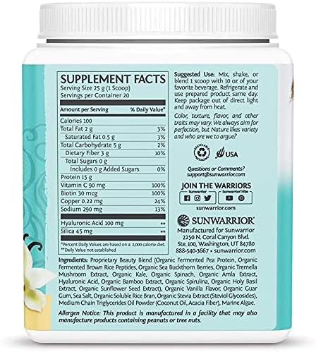 Vegan Collagen Protein Powder Plant-based | Hyaluronic Acid Minerals Biotin Soy Free Dairy Free Gluten Free NON-GMO | Vanilla 20 Servings | Collagen Building Peptides by Sunwarrior