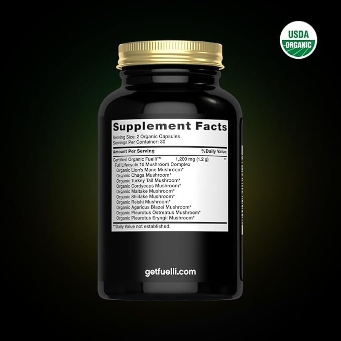 Mushroom Complex Supplement | 60 Organic Capsules | 10-in-1 Blend | with Lion’s Mane, Chaga, Turkey Tail, Cordyceps, Maitake, Shiitake, Reishi, & More | Grown in a Certified US Facility