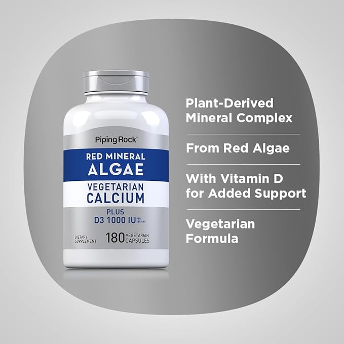 Piping Rock Red Mineral Algae | Vegetarian Calcium | 180 Capsules | Plant Based Plus Trace Minerals | Plus D3 1000 IU | Non-GMO, Gluten Free Supplement
