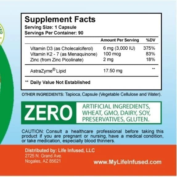 Life Infused Vitamin D3 + K2 Supercharged with Zinc and Enzymes, Help Maintain Healthy Immune System, Bone Health, Emotional Wellbeing, 90 Capsules.
