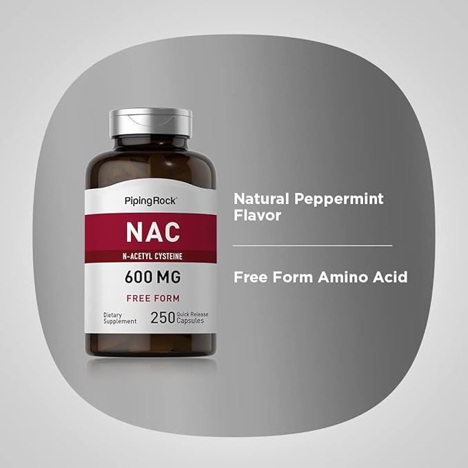 Piping Rock NAC Supplement N-Acetyl Cysteine | 600mg | 250 Capsules | Free Form | Non-GMO, Gluten Free Supplement