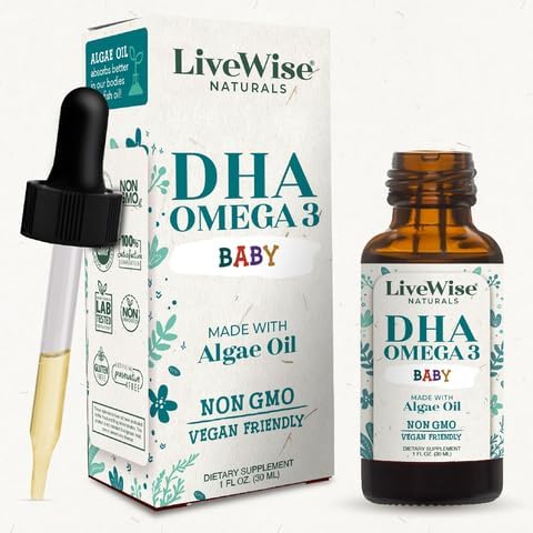 LiveWise Naturals DHA Omega-3 Liquid Drops, Suppplement for Infants and Toddlers, Vegan-Friendly, Great-Tasting Omega-3 Supplement with Pure Orange Oil, Promotes Healthy Brain, Eyes, and Body Defense