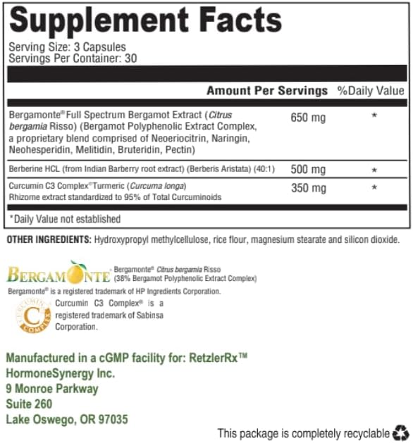 Cholest Protect - Citrus Bergamot - Bergamonte®, Berberine and Curcumin C3 Complex®, 90 Capsules Dietary Supplement by RetzlerRx®