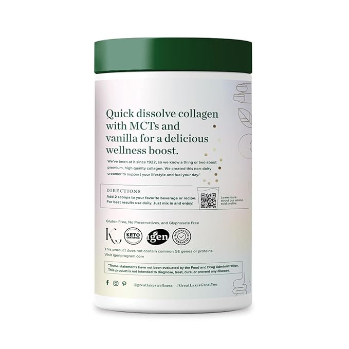 Great Lakes Wellness Keto Boost Advanced Collagen Peptides Powder with 4.2g MCTs - Vanilla Flavored - Nutritiously-Rich Non-Dairy Coffee Creamer or Smoothie Alt - Non-GMO, Kosher - 14.1 oz