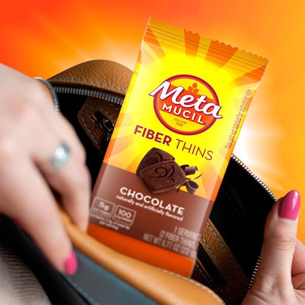 Metamucil, Fiber Thins, Daily Psyllium Husk Fiber Supplement, Supports Digestive Health and Satisfies Hunger, Chocolate Flavor, 48 Total Servings (4 Packs of 12)