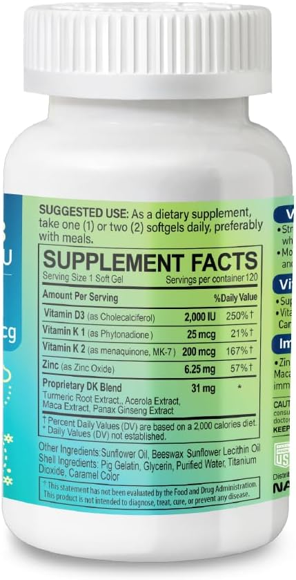 D3+K2 IMMUNEX – Vitamin D3 2000 IU, K1 25 mcg, K2 200 mcg, Zinc 6.25 mg, DK Blend 31 mg – Supports Immune Health, Calcium Metabolism, Bone & Muscle Function – 120 Softgels, 120-Day Supply