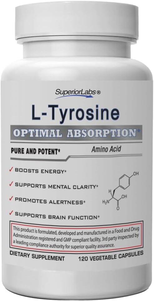 Superior Labs – Pure Natural L-Tyrosine NonGMO – 500 mg, 120 Vegetable Capsules – Supports Mental Clarity – Promotes Alertness – Boosts Energy – Dietary Supplement for Calming and Relaxation