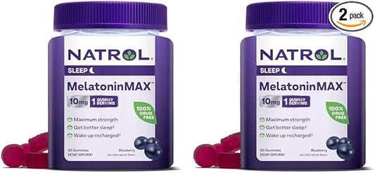 Natrol Melatonin Max Sleep Aid Gummy, 10mg per Gummy, Maximum Strength for Better Sleep, Drug Free & Gelatin Free, 80 Blueberry Flavored Gummies (Pack of 2)
