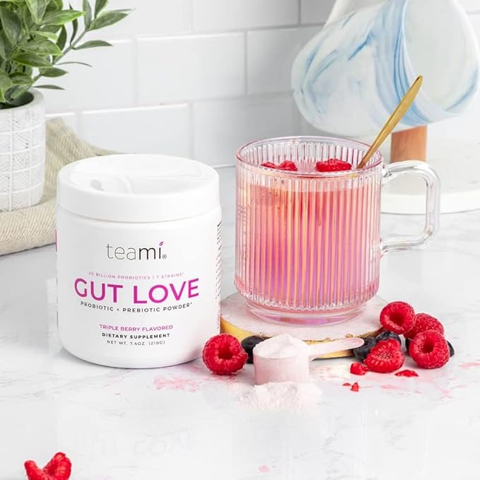 Teami Prebiotic and Probiotic Powder for Women - Promotes Digestion, Bloating Relief & Belly Balance - Gut Health Powder with 20 Billion Probiotics & 7 strains - Triple Berry Gut Love, 30 Servings