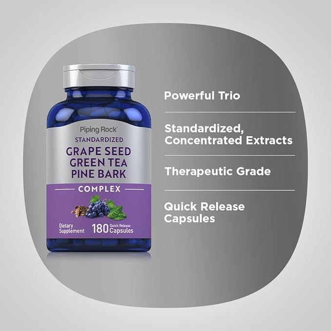 Piping Rock Grape Seed, Green Tea & Pine Bark Complex | 180 Capsules | Standardized Extract | Non GMO, Gluten Free Supplement
