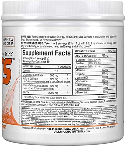 ALLMAX Nutrition AMINOCUTS (ACUTS), Amino-Charged Energy Drink with Taurine, L-Carnitine, Green Coffee Bean Extract, Orange, 30 Servings