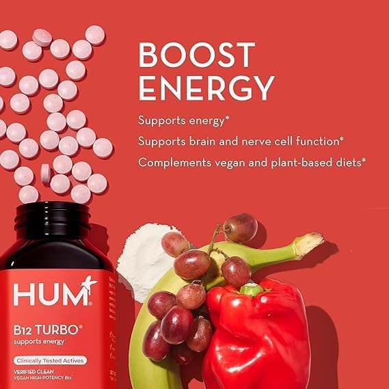 HUM B12 Turbo - Daily Energy & Calcium Support & Mood Support + Hormone Balance - Non-GMO, Gluten-Free, Vegan (30-Count)