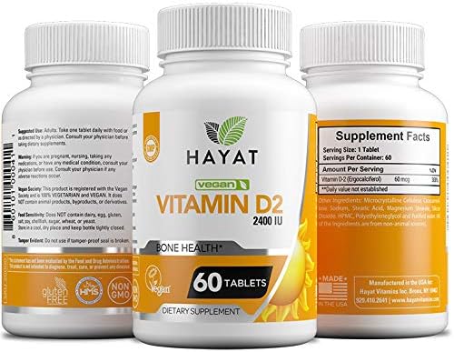 Vitamins Vegan Vitamin D2 2400 IU (60 MCG), Dietary Supplement for Bone, Teeth, Muscle and Immune Health Support, 2 Month Supply, All Natural, Certified Halal, 60 Tablets, Made in The USA