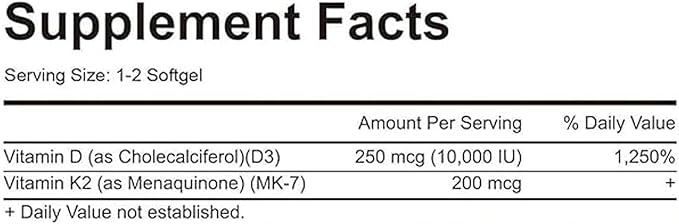 D3 K2, Vitamin D3 K2 Supplement Softgels, 2-in-1 Vitamin D3 K2 Supplement Softgel, 10000 Iu VIT D3 + 200 Mcg Vitamin K2, 300 Softgels/Pack (180)