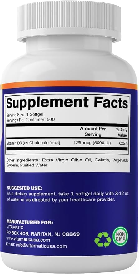 Vitamatic Vitamin D3 5000 IU (125 mcg) – 500 Mini Softgels Olive Oil-Based Formula – Cold-Pressed – 500-Day Supply – Supports Bone, Muscle & Immune Health – Non-GMO & Gluten-Free