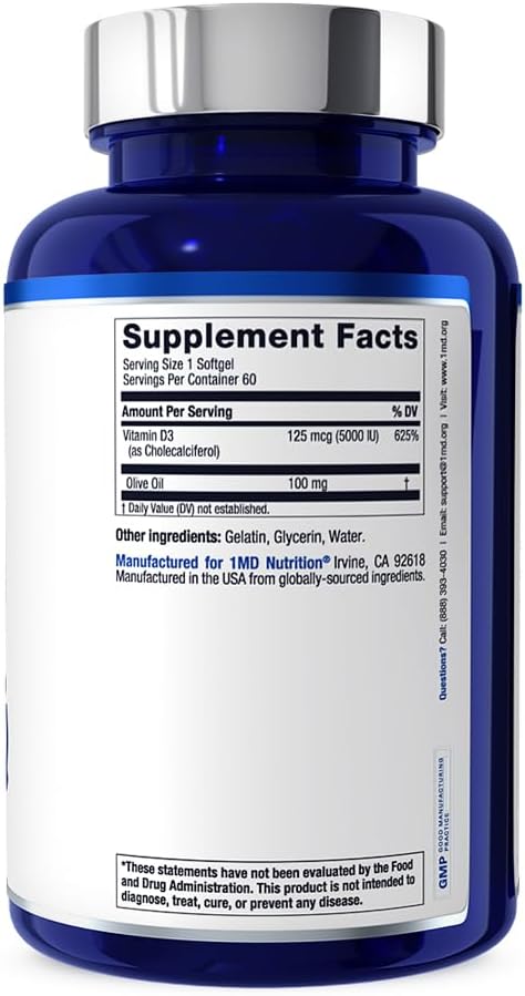 1MD Nutrition Vitamin D3 5000 IU Softgels | Bone Health, Muscle Function, & Immune Support | Wheat Free and Non-GMO with Olive Oil | 2-Month Supply