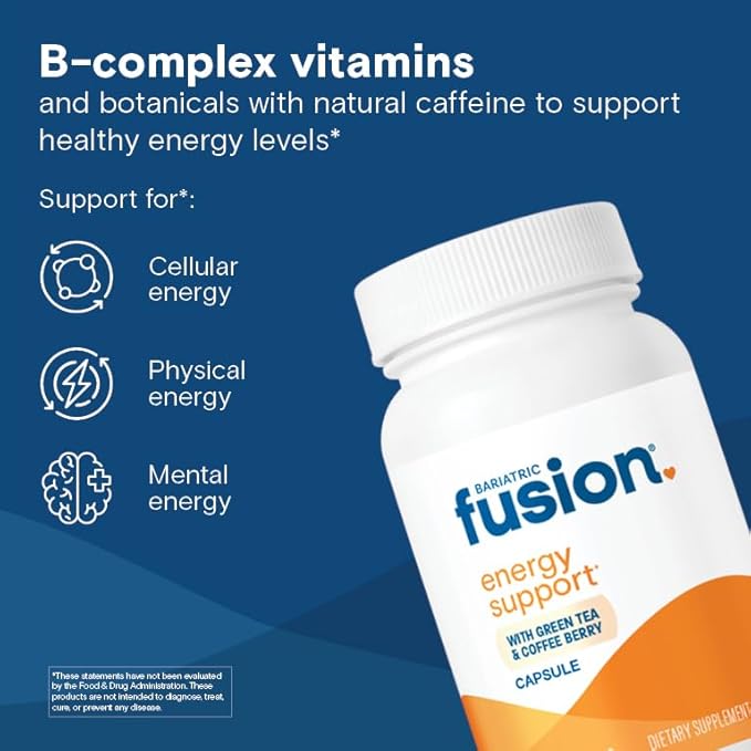 Bariatric Fusion B Vitamins for Energy Support | B-Complex with 70mg Natural Caffiene | Vegan Capsules | Bariatric Vitamins for Women and Men | Gluten, Dairy and Soy Free | Non-GMO | 60 Count