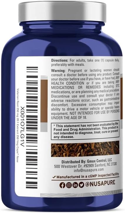 NusaPure Valerian Root 20:1 Extract, 250 mg Equivalent to 5000mg Per Veggie Caps, 250 Count, Vegan, Non-GMO, Bioperine