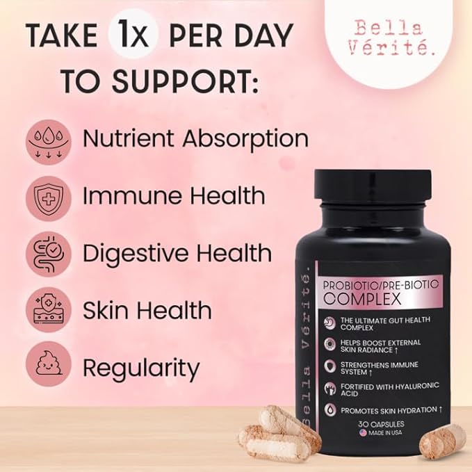 Bella Vérité. Probiotic & Prebiotic Complex - Support Women's Digestive & Gut Health - 3.45 Billion CFU Lactobacillus Probiotics for Clearer Skin - Daily Probiotic Supplement (30 Vegetarian Capsules)