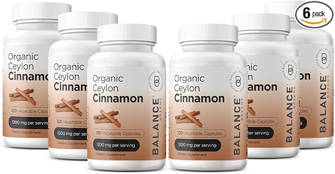 Balancebreens Certified Organic Ceylon Cinnamon 1200mg Supplement - 120 Veg Capsules - Heart, Brain and Joint Function Support - No Filler Pills (Pack of 6)