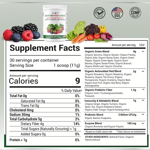 Superfood Reds & Greens Powder - 11.64 oz, Prebiotics & Probiotics for Digestive Health, Super Greens Powder with Ashwagandha for Gut Health, Immunity, Antioxidants, Vegan, Non-GMO