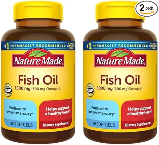 Nature Made Fish Oil Omega 3 Supplements, 1000 mg Softgels, Omega 3 Fish Oil for Healthy Heart Support, 90 Softgels, 45 Day Supply (Pack of 2)