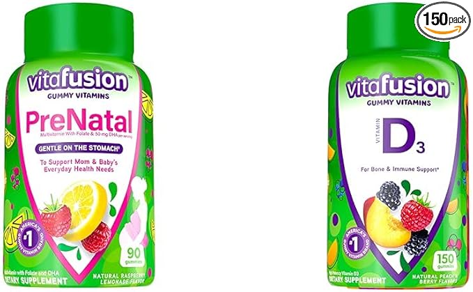 Vitafusion PreNatal Gummy Vitamins & Vitamin D3 Gummy Vitamins for Bone and Immune System Support, Peach, BlackBerry and Strawberry Flavored, 50 mcg Vitamin D, 75 Day Supply, 150 Count
