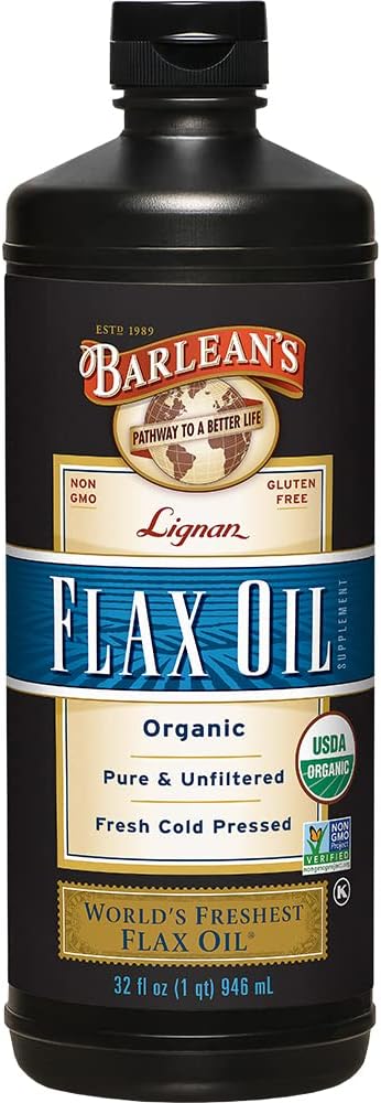 Barlean's Organic Lignan Flaxseed Oil Liquid Supplement from Cold Pressed Flax Seeds, 7,230 mg ALA Omega-3 Fatty Acids, Cold Press Flax Seeds, 32 oz