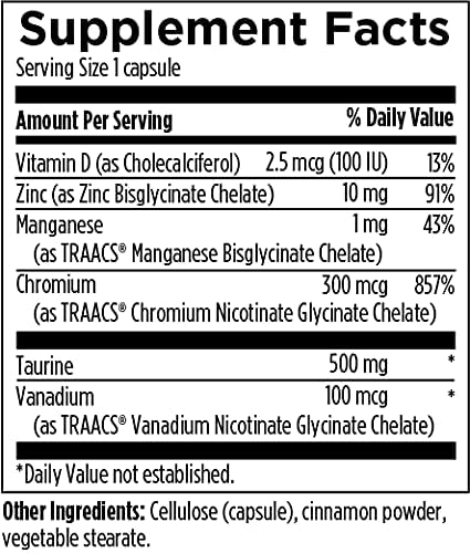 Designs for Health Chromium Synergy - Non-GMO Chromium Nicotinate Glycinate Chelate Supplement with Vanadium, Vitamin D, Manganese, Zinc + Taurine - Cinnamon Powder Base (90 Capsules)