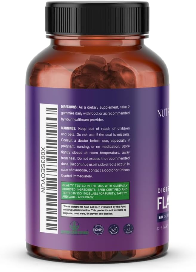 Nutriissa Flaxseed Gummies – Digestive Health & Omega Support – EPEB Certified for Purity & Potency – 60 Blueberry Flavored Vegan Gummies