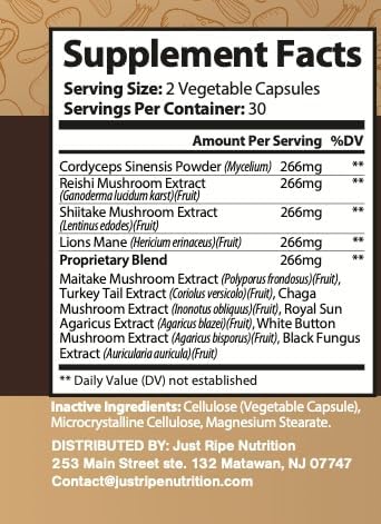 Mushroom Ultra Complex - Reishi, Cordyceps, Lions Mane & Shiitake - Immune System Booster & Nootropic Brain Supplement - Enhance Memory and Focus - Stress Relief - 60 Capsules