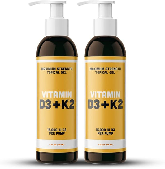Vitamin D3 K2 Maximum Strength Topical Gel - 15000+ IU Per Pump - The Sunshine Vitamin - Supports Bone & Joint Health, Immune Support - One Month Supply
