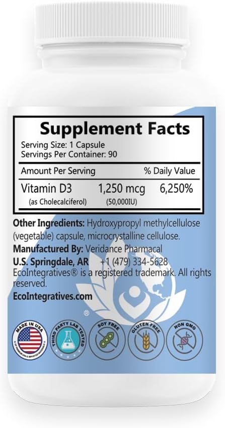 Vitamin D3-50,000 IU Cholecalciferol Helps Maintain Healthy Bones & Teeth, Bone Density, Muscles, Cardiovascular, Neuromuscular, Immune Support 90 Vegetable Capsules