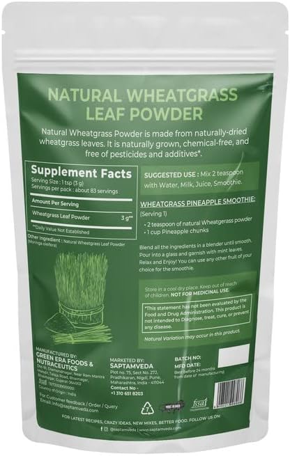 Premium Wheatgrass Powder (8.81 Oz/250 Gm) Rich in Immune Vitamins, Fibers and Minerals, Support Digestion Function, Vegan Friendly