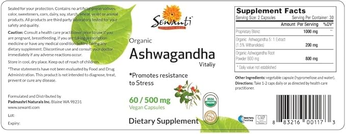 Sewanti Organic Ashwagandha Capsules - Natural Stress Relief & Energy Boost - Dietary Supplement High Potency Extract 60 Vegan Capsules - 500mg