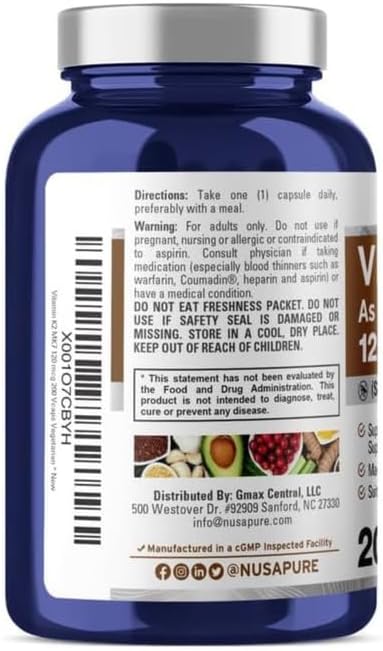 NusaPure Vitamin K2 MK7 120 mcg 200 Veggie Caps (Soy Free, Non-GMO, Vegan)
