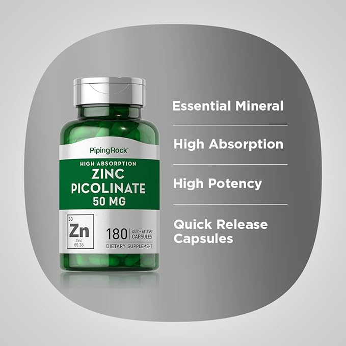 Piping Rock Zinc Picolinate 50mg | 180 Capsules | Non-GMO, Gluten Free Supplement
