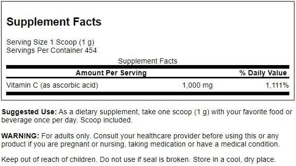 Swanson Vitamin C Powder 100% Pure Ascorbic Acid, Immune System Support, Skin Health, Cardiovascular Health, Antioxidant Supplement 1000 mg (per Serving) 1 lb. 454 g
