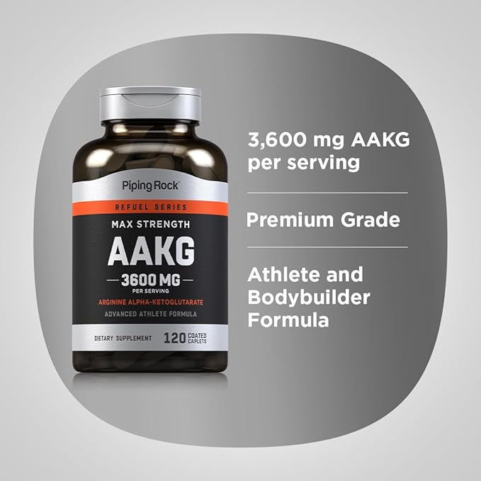 Piping Rock AAKG Supplement | 120 Caplets | 3600 mg | Arginine Alpha-Ketoglutarate Supplement | Nitric Oxide Enhancer | Max Strength | Vegetarian, Non-GMO, Gluten Free