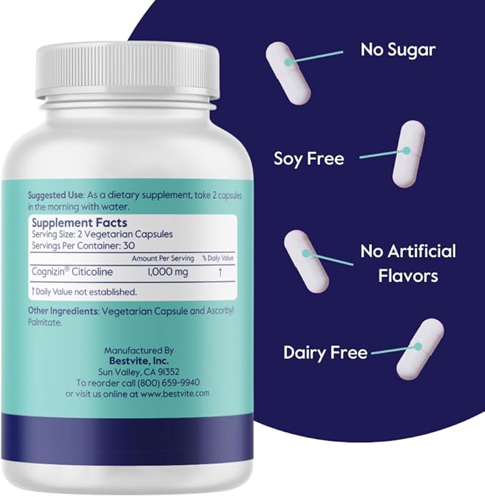 BESTVITE Cognizin 500mg (180 Vegetarian Capsules) (60x3) - Clinically Studied Premium Choline Nootropic - No Stearates - Vegan - Non GMO - Gluten Free - Brain Supplements for Memory and Focus