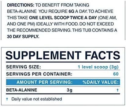 Beta-Alanine Supplement - Enhances Muscular Endurance & Work Capacity, 6g Daily Dose, 30-Day Supply